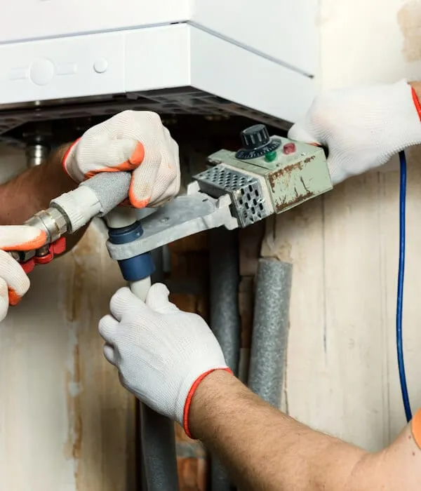 Worker soldering plastic pipes and connecting them to a domestic gas boiler.